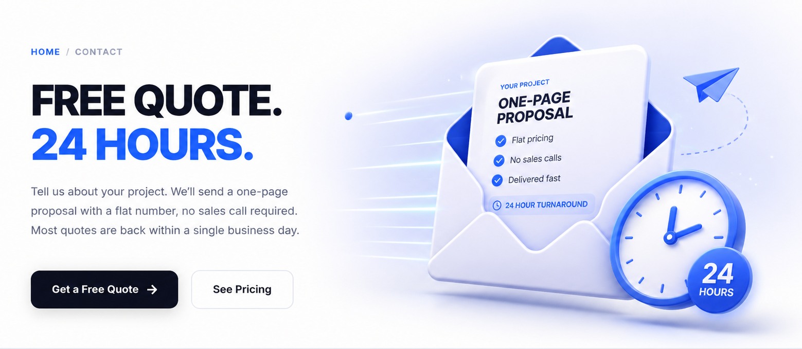 MJW Design Studio contact hero showing a free quote in 24 hours with project proposal artwork